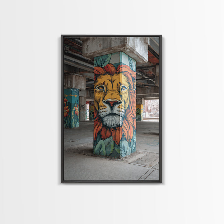 Majestic Lion Mural Painted On Concrete Pillar Urban Wall Art Framed Canvas Print For Unique Decor