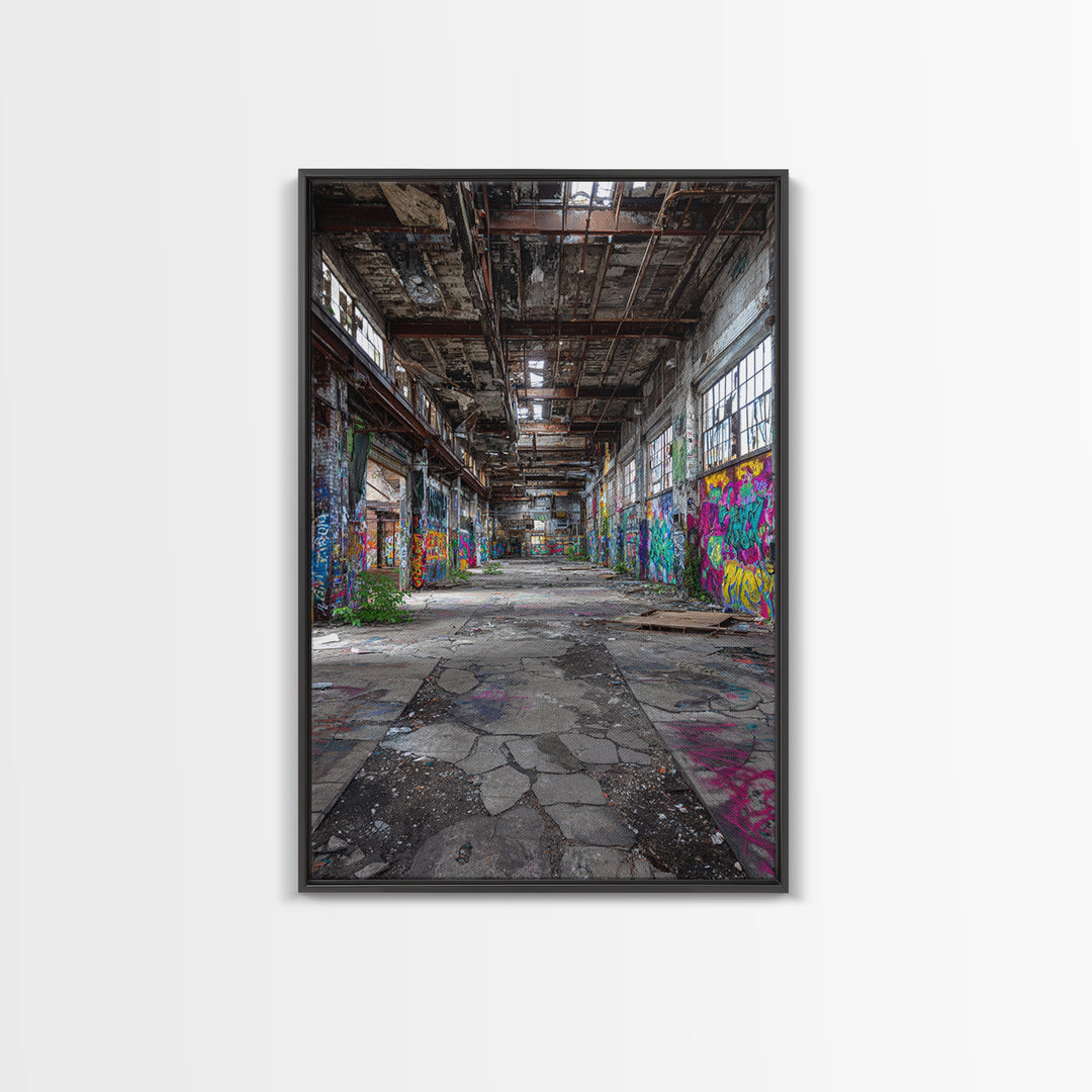 Vibrant Urban Graffiti In Abandoned Warehouse Wall Art Decor Framed Canvas Print For Modern Home Decor
