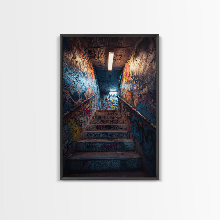 Urban Graffiti Stairwell With Vibrant Street Art Mural And Neon Lights Canvas Print Modern Wall Art For Home Decor And Office