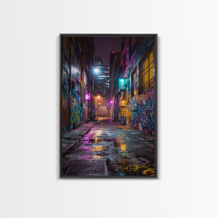Neon Lit Graffiti Covered Alleyway Night Scene Urban Wall Art Modern Canvas Print For Eclectic Home And Office Decor