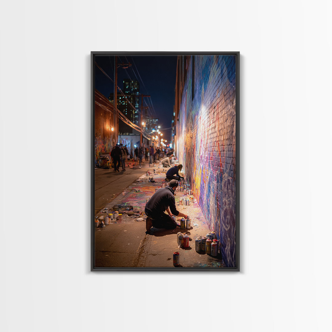 Nighttime Street Artist Painting Bright Graffiti Mural On City Wall - Colorful Wall Art Framed Canvas Print For Home