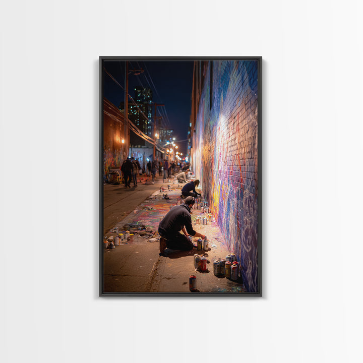 Nighttime Street Artist Painting Bright Graffiti Mural On City Wall - Colorful Wall Art Framed Canvas Print For Home