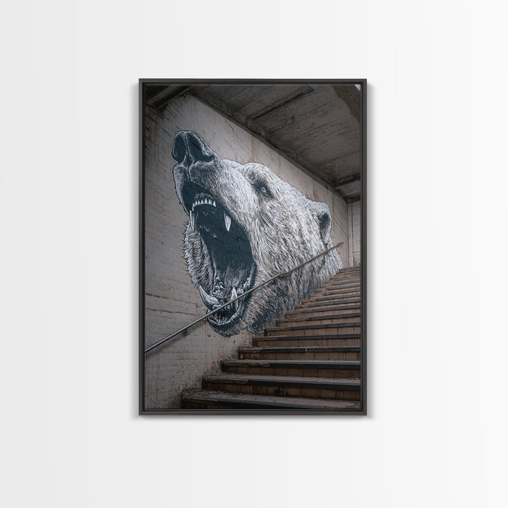 Striking Bear Mural Street Art On Staircase Wall Art Urban Canvas Print Vibrant Outdoor Wall Decor