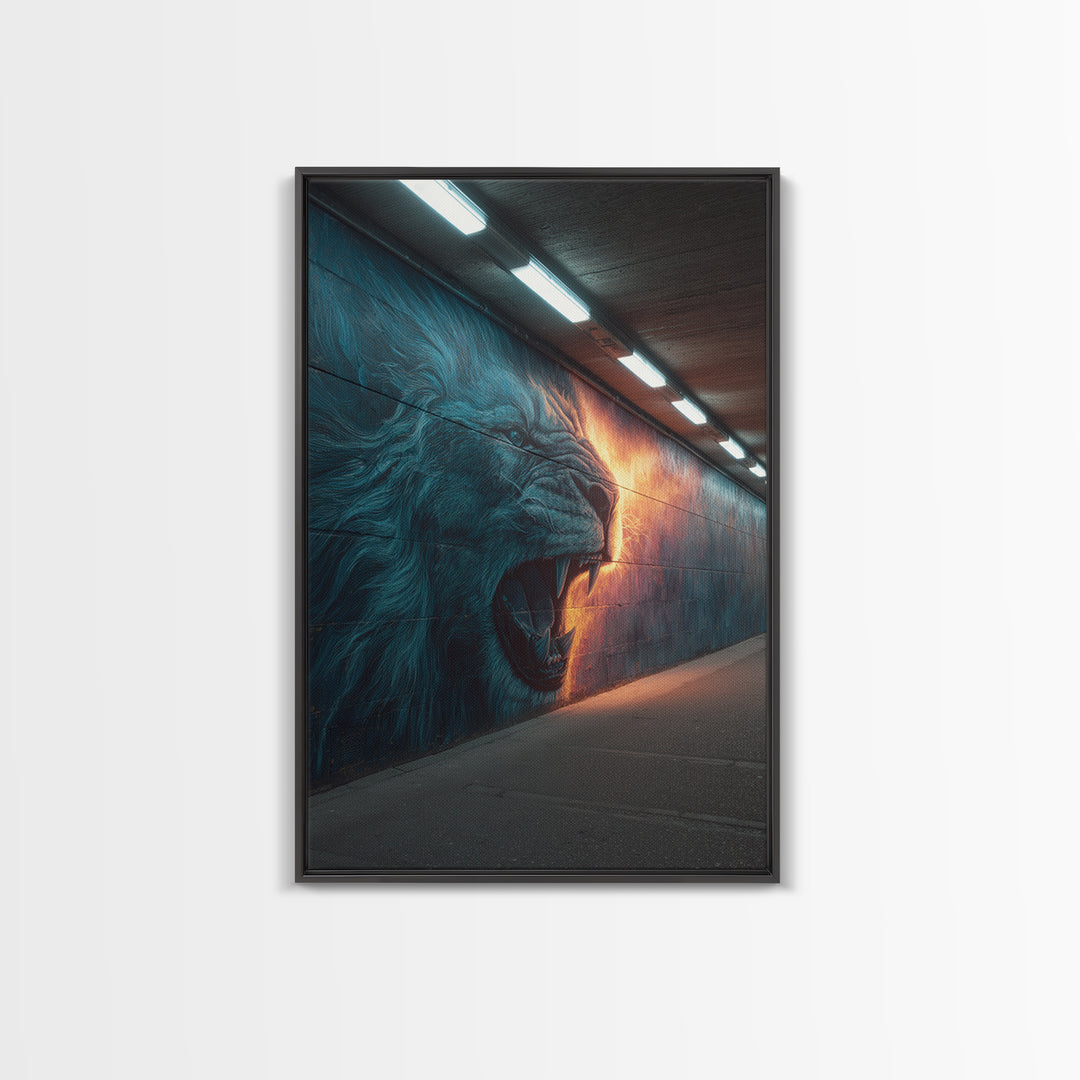 Roaring Lion Graffiti Street Art Mural With Dramatic Lighting Urban Wall Art Canvas Print