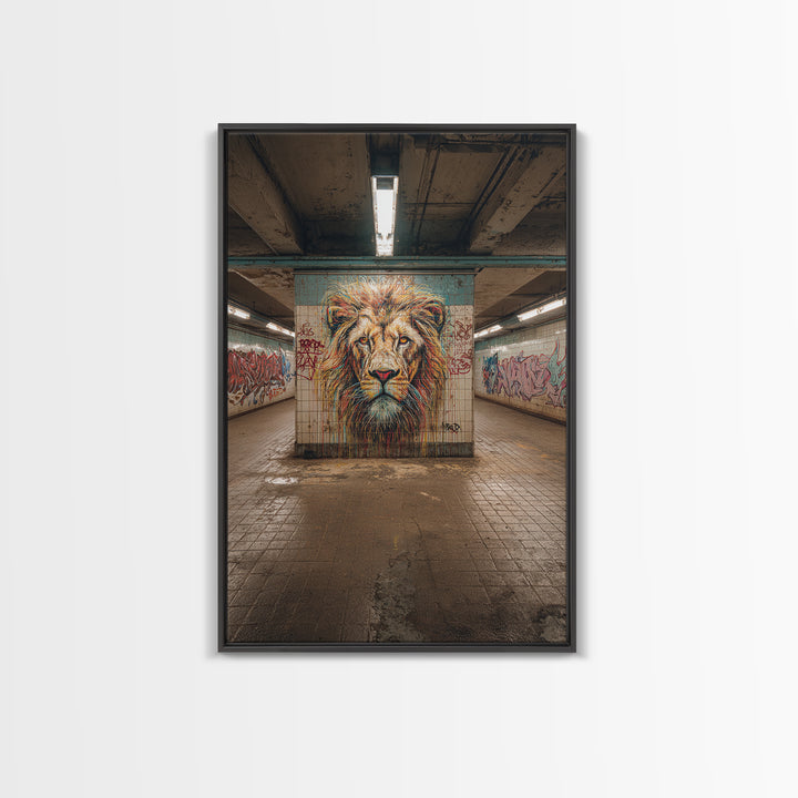 Powerful Lion Portrait Street Art Mural In Urban Tunnel Photography Wall Art Canvas Print For Bold Home Decor