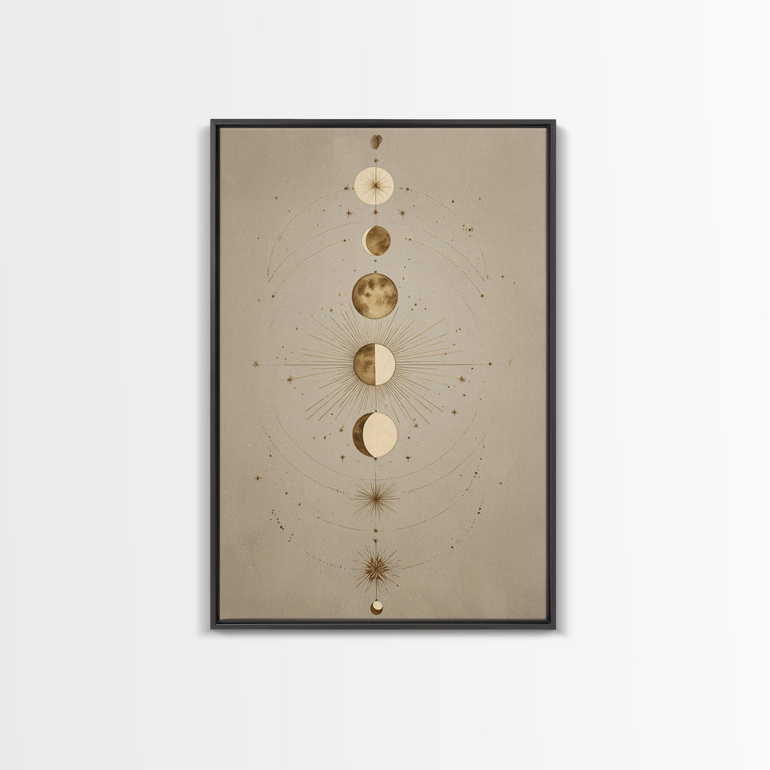 Gold Moon Phases Celestial Wall Art, Mystical Astrology Canvas Print, Boho Lunar Decor For Bedroom Or Meditation Room Decor