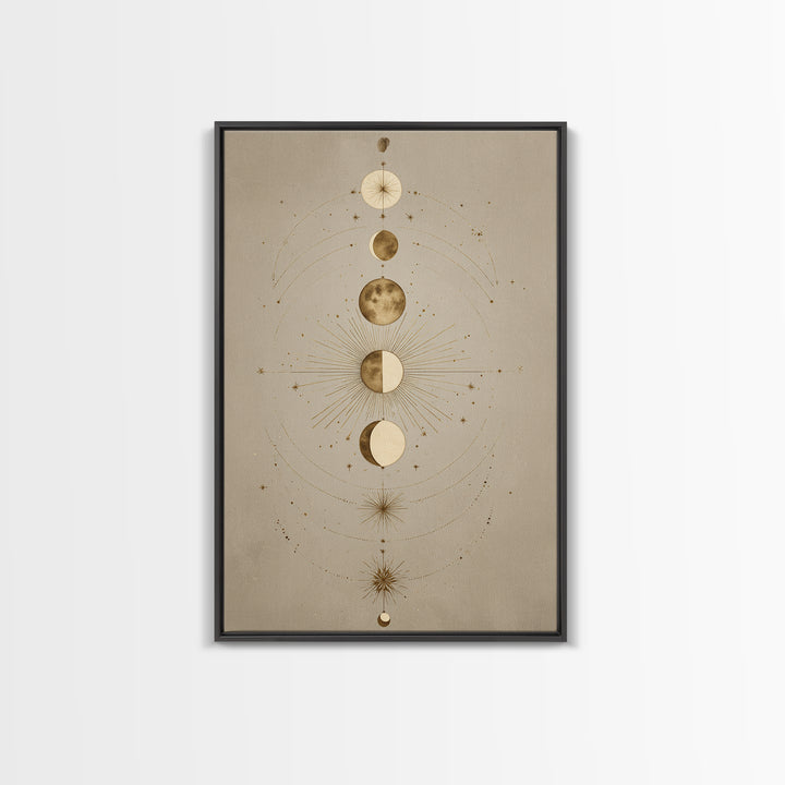 Gold Moon Phases Celestial Wall Art, Mystical Astrology Canvas Print, Boho Lunar Decor For Bedroom Or Meditation Room Decor