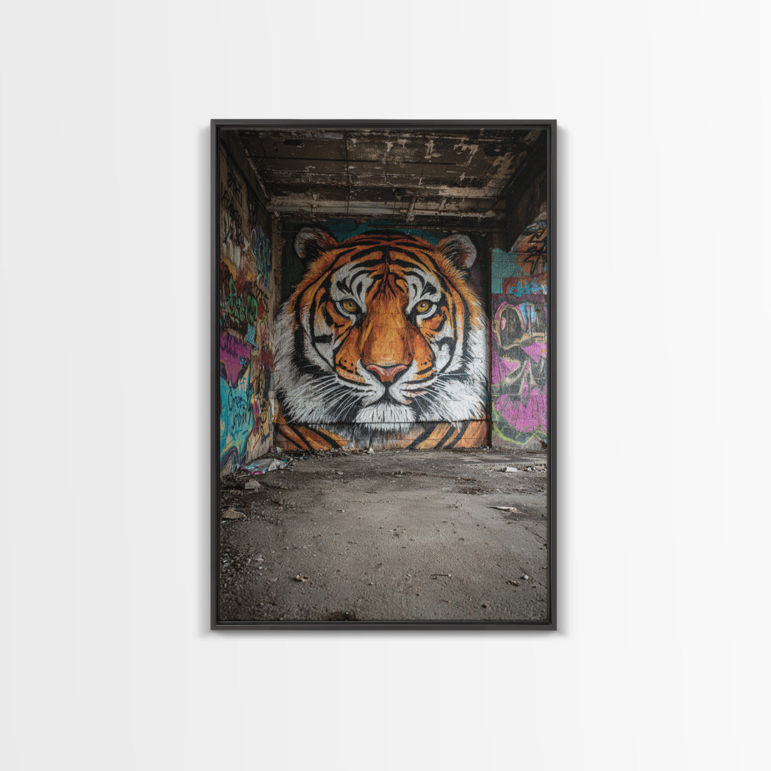 Vibrant Tiger Mural Street Art Urban Wall Art Perfect Framed Canvas Print For Eclectic Living Room Decor Or Gift