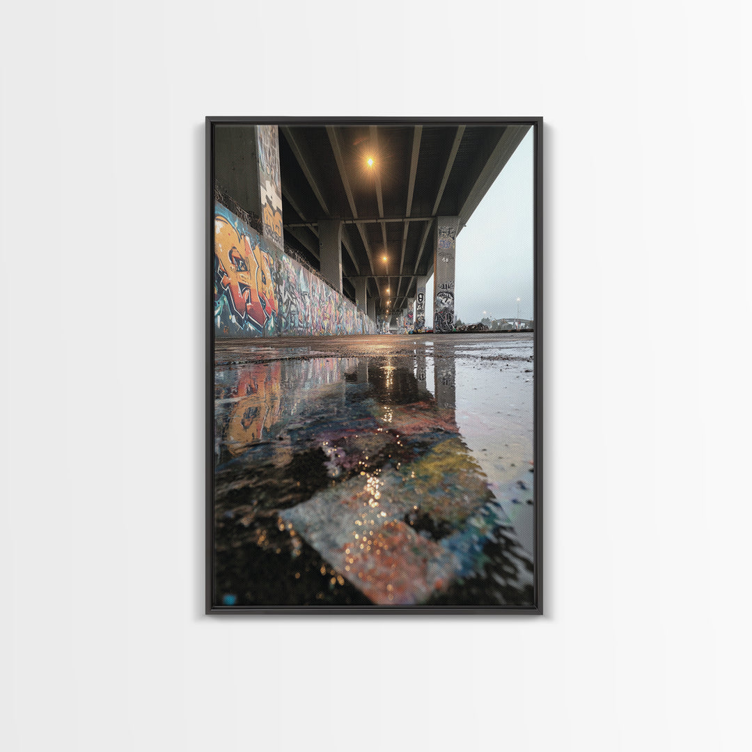 Urban Street Art Graffiti Under Bridge Reflected In Water Puddles Downtown Photographic Wall Art
