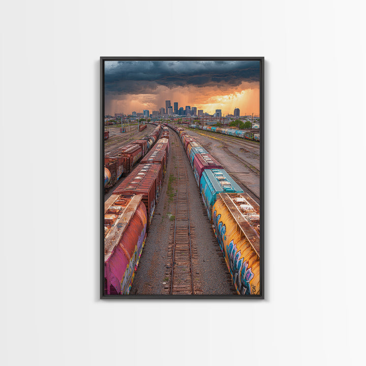 Train Yard Industrial Landscape With Rusty Graffiti Paintings | Contemporary Wall Art Urban Decor Framed Canvas Print