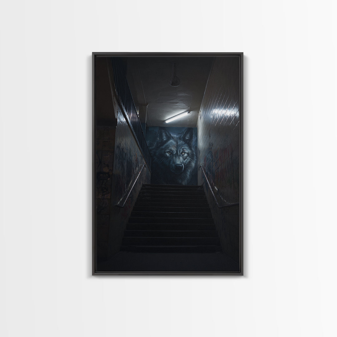 Urban Graffiti Alleyway With Detailed Wolf Mural Street Art Canvas Print Wall Art For Modern Living Room And Office Wall Decor