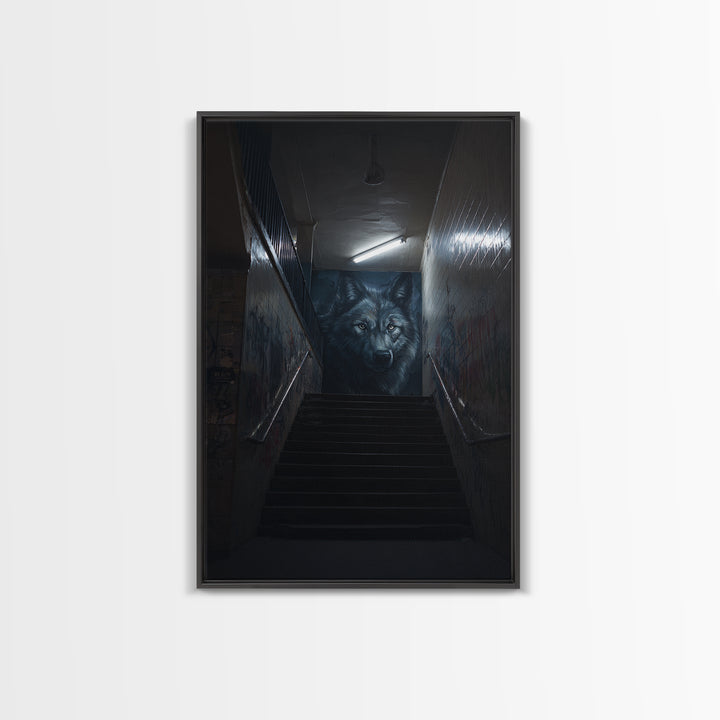 Urban Graffiti Alleyway With Detailed Wolf Mural Street Art Canvas Print Wall Art For Modern Living Room And Office Wall Decor