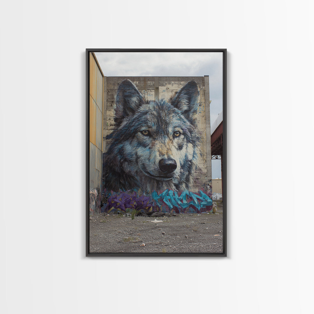 Massive Wolf Mural Graffiti On Urban Wall Featuring Detailed Animal Portrait Vibrant Street Art Print
