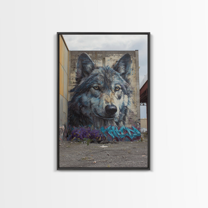 Massive Wolf Mural Graffiti On Urban Wall Featuring Detailed Animal Portrait Vibrant Street Art Print