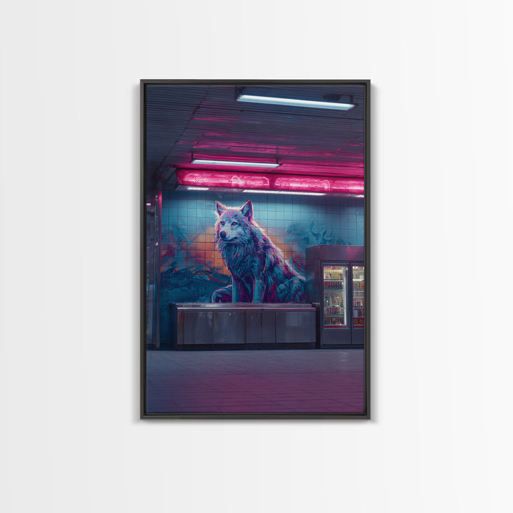 Urban Neon Cityscape With Wolf Mural Vibrant Street Art Wall Art Contemporary Wall Decor Canvas Print For Modern Living Room