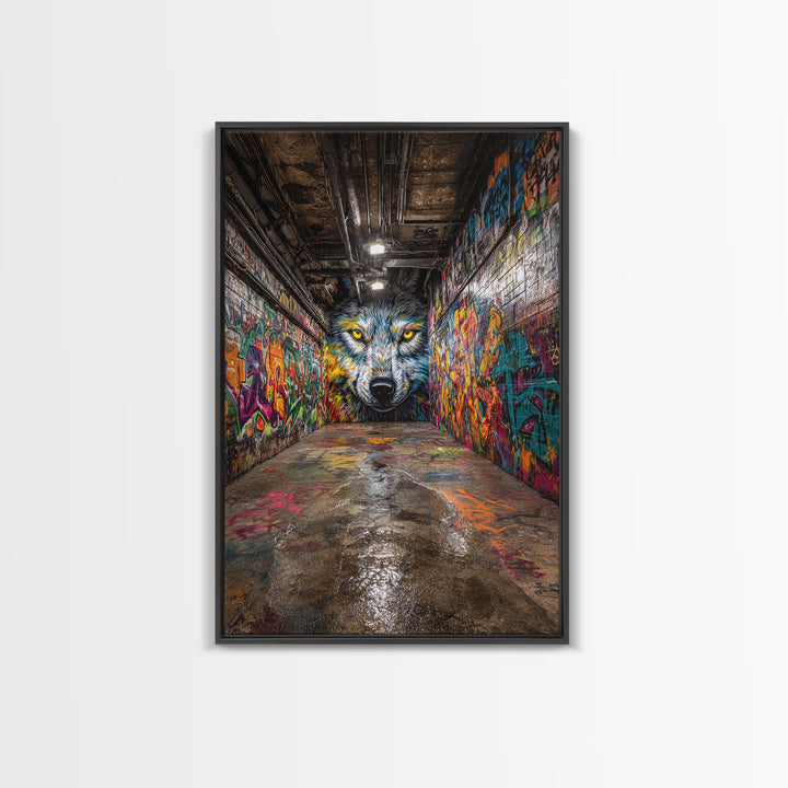Colorful Wolf Graffiti Street Art Urban Wall Art Print Home Decor Vibrant Alley Framed Canvas Print
