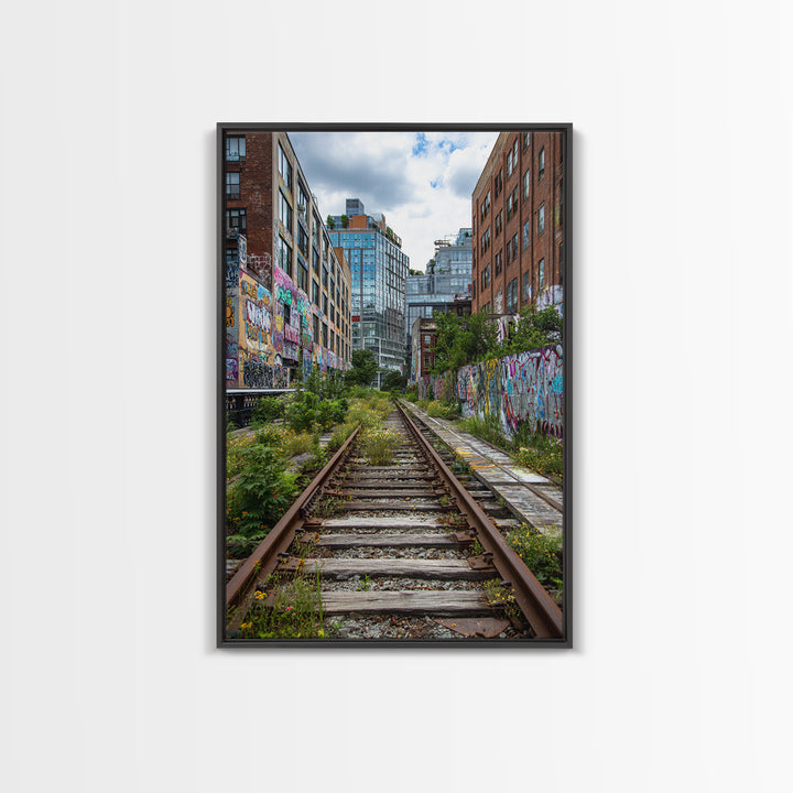 Urban Overgrown Railway Track Between Graffiti Walls In City - Contemporary Wall Art Canvas Print For Modern Decor