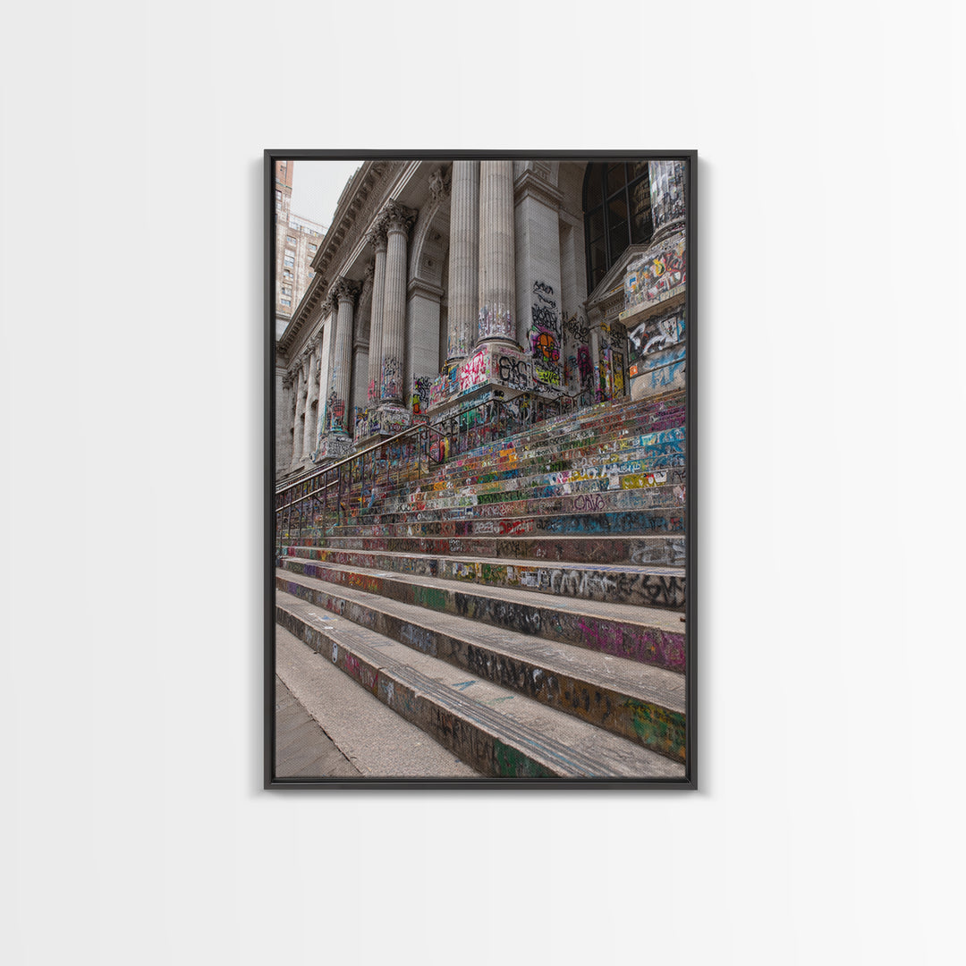 Vibrant Graffiti Covered Urban Steps Photography Wall Art Framed Canvas Print For Modern Industrial Home Decor