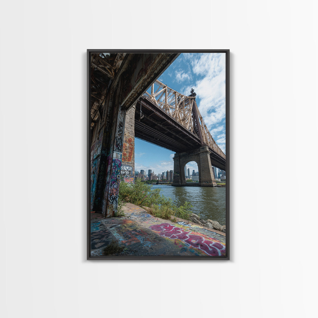 Urban Bridge And Graffiti Wall Over River Cityscape Photography Canvas Print Wall Art For Living Room Or Office Decor