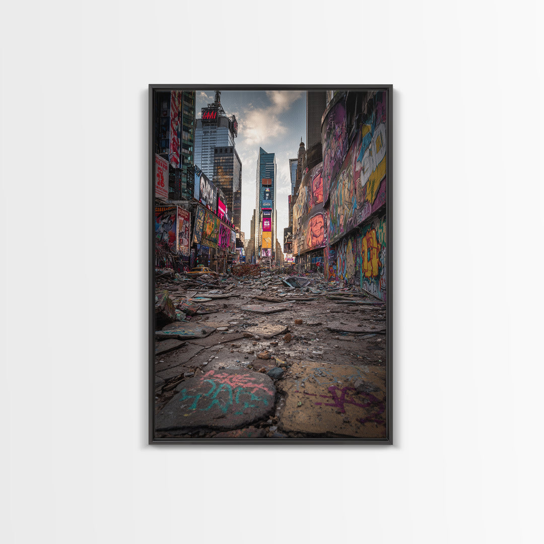 Post Apocalyptic Times Square Urban Ruins Photography Wall Art Print With Graffiti And Debris For Modern Home And Office Decor