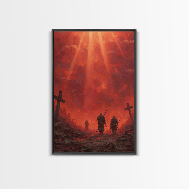 Fiery Red Apocalypse Scene With Warriors And Crosses Dramatic Fantasy Art Canvas Print Perfect Statement Wall Art For Home Decor