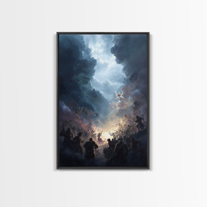 Epic Battle Between Angels Warriors In Dramatic Sky Fantasy Artwork Wall Art Framed Canvas Print For Home Decor