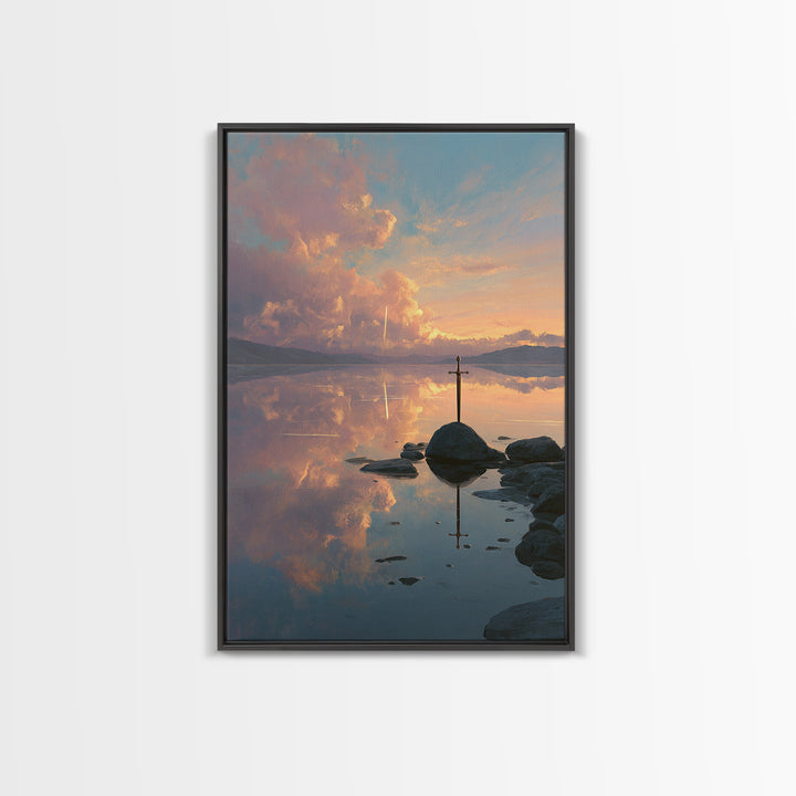 Sunset Over Calm Lake With Reflective Clouds And A Lone Sword Creative Canvas Print Wall Art For Home And Office Decoration