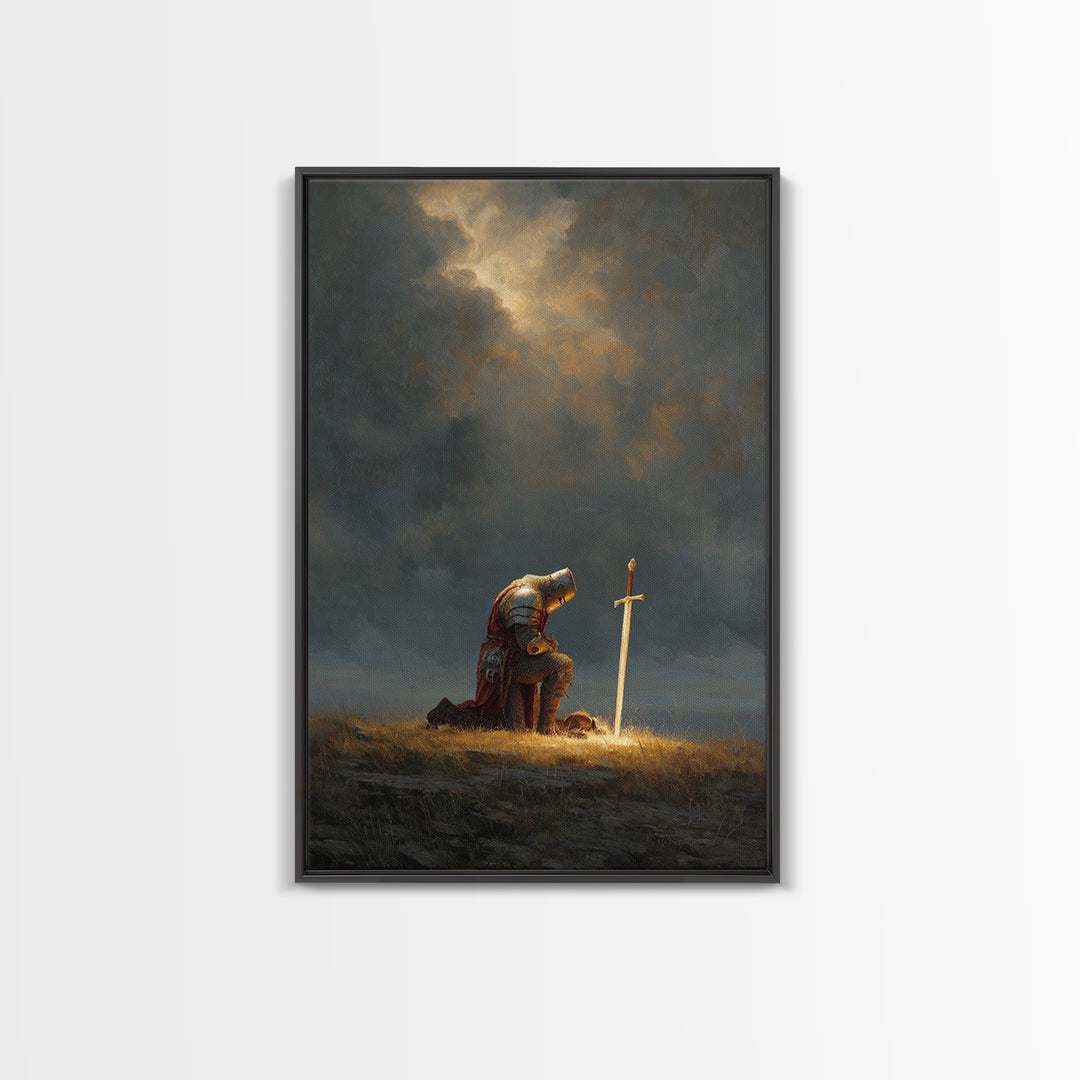 Knight Kneeling Beside Sword With Stormy Sky Dramatic Medieval Armor Wall Art Canvas Print For Office Decor