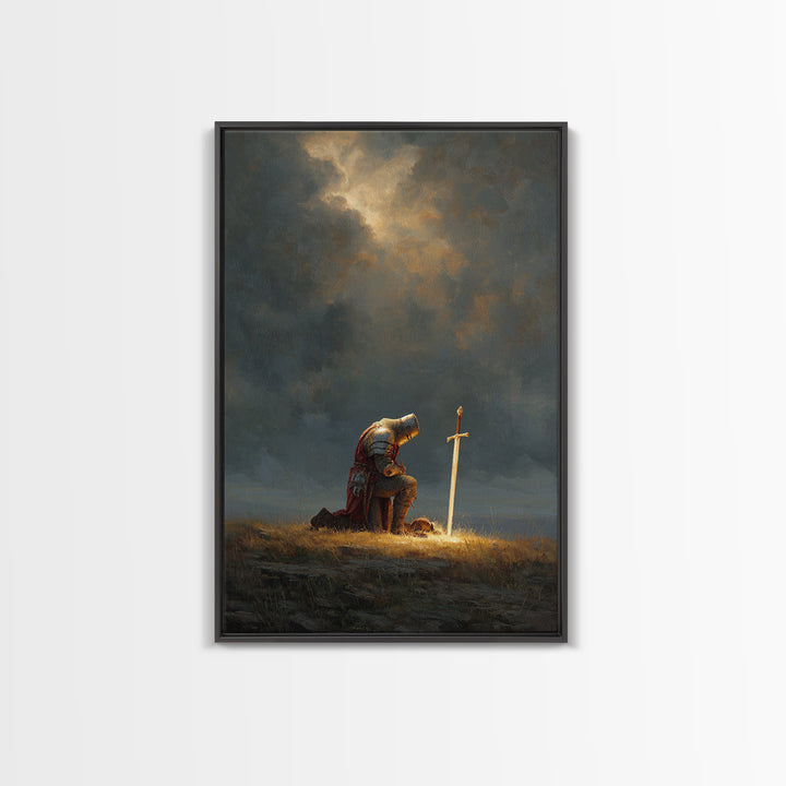 Knight Kneeling Beside Sword With Stormy Sky Dramatic Medieval Armor Wall Art Canvas Print For Office Decor