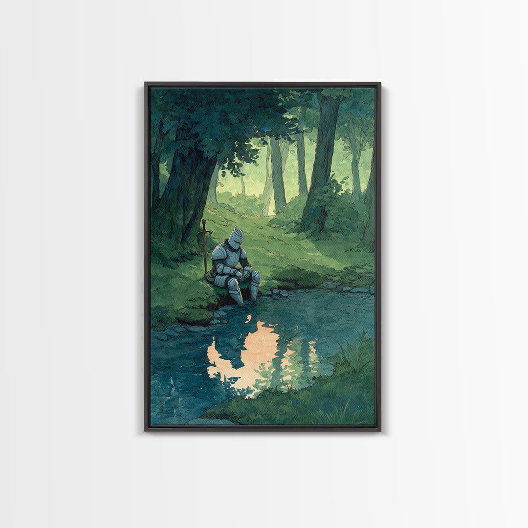 Solitary Knight In Medieval Armor Sitting Beside Forest Stream Original Wall Art With Contemporary And Fantasy Decor