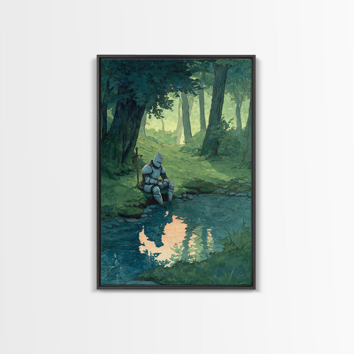 Solitary Knight In Medieval Armor Sitting Beside Forest Stream Original Wall Art With Contemporary And Fantasy Decor