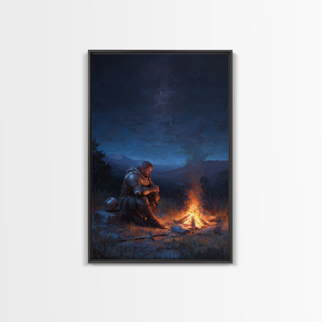 Knight Praying By Campfire In Armor At Night Meditative Fantasy Wall Art Framed Canvas Print For Home Decor