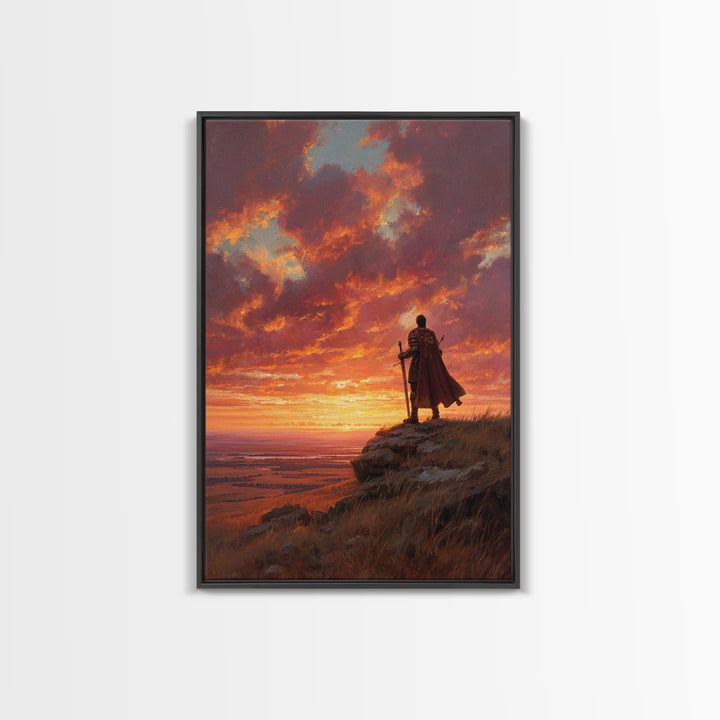 Heroic Knight Standing On Cliff At Sunset Dramatic Landscape Wall Art Large Framed Canvas Print For Living Room Decor