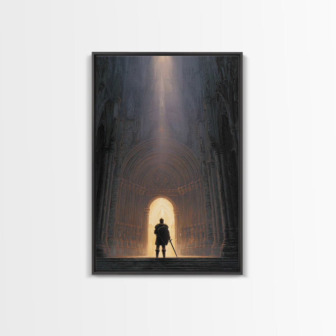 Medieval Knight Standing In Cathedral Doorway With Light Beam Canvas Print Modern Wall Art For Office Decor