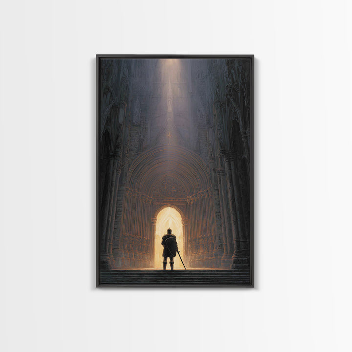 Medieval Knight Standing In Cathedral Doorway With Light Beam Canvas Print Modern Wall Art For Office Decor