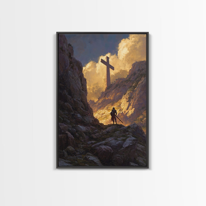 Knight In Armor Sword Battle Rain Scene Wall Art Canvas Print Dramatic Medieval Painting For Home Decor