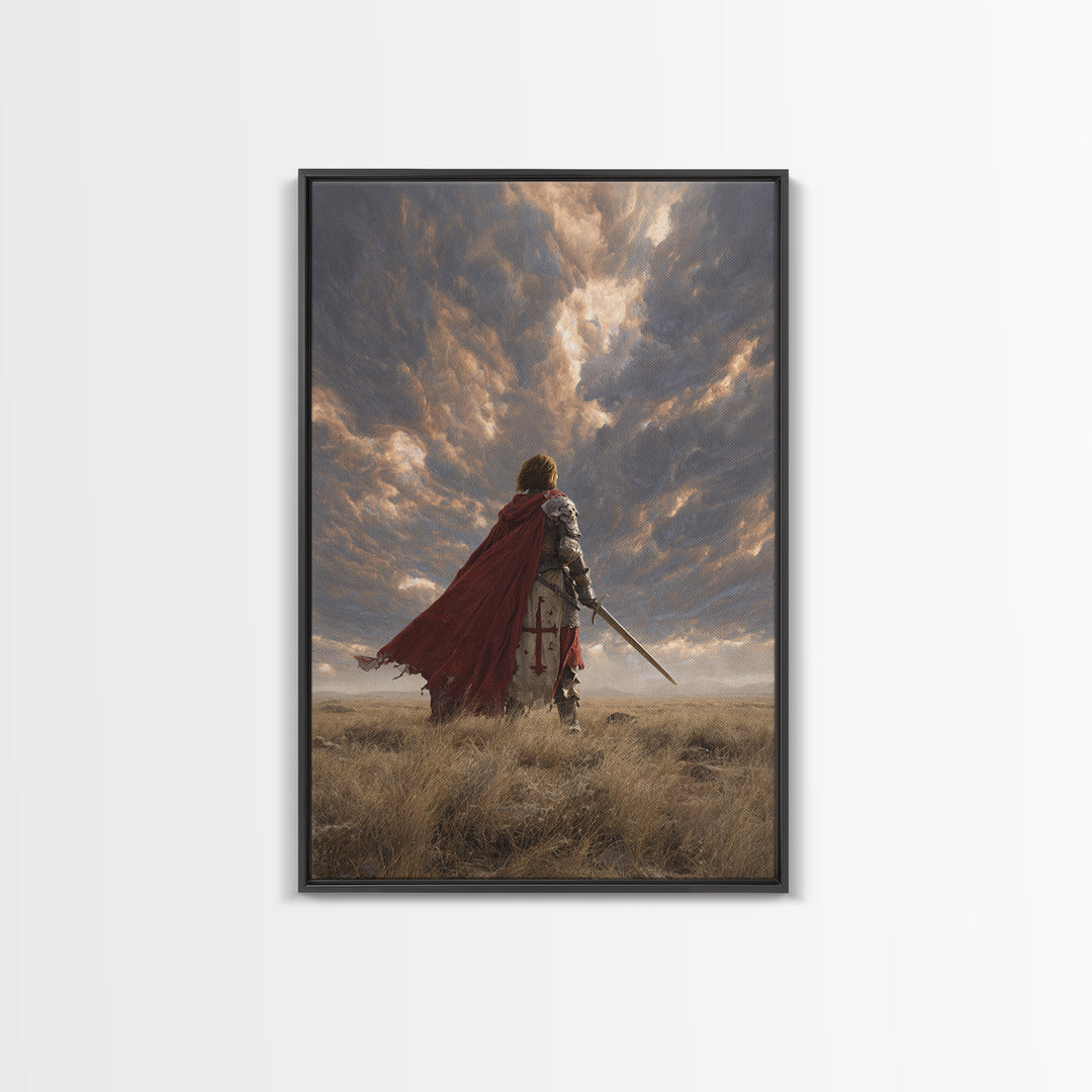 Majestic Knight Kneeling With Sword On Ground Under Dramatic Skies - Captivating Framed Canvas Print For Home