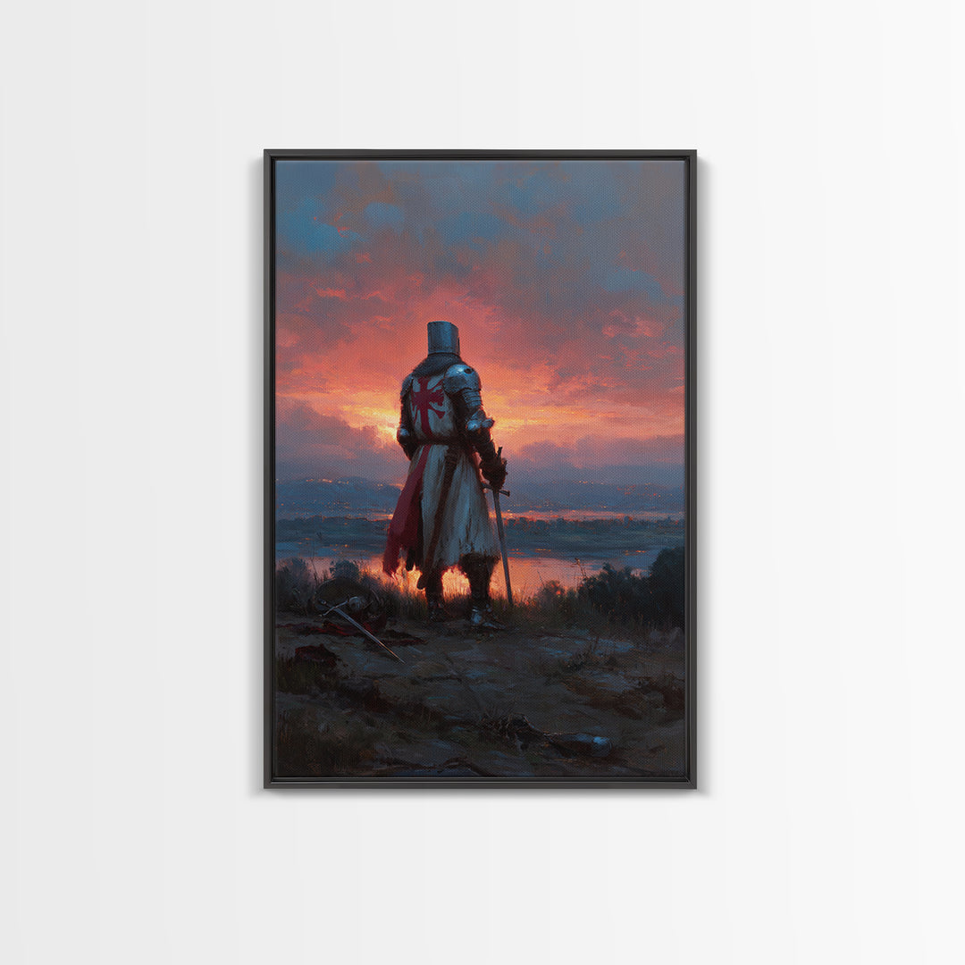 Knight In Armor At Sunset Painting Dramatic Landscape With Medieval Warrior Exploring Emotional Wall Art For Office Decor Or Living Room Framed Canvas Print