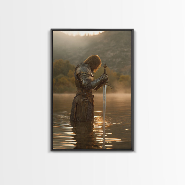 Medieval Knight Standing In Water Holding Sword Dramatic Warrior Wall Art Canvas Print For Man Cave Decor