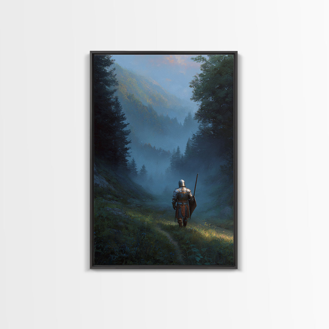 Knight In Armor Standing In Misty Valley Painting Medieval Fantasy Artwork For Office Wall Decor Or Living Room Statement Wall Art Framed Canvas Print