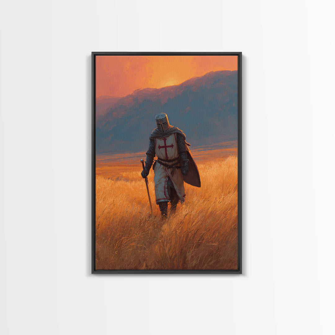 Medieval Knight In Armor With Sword Walking Through Golden Field At Sunset Wall Art Framed Canvas Print