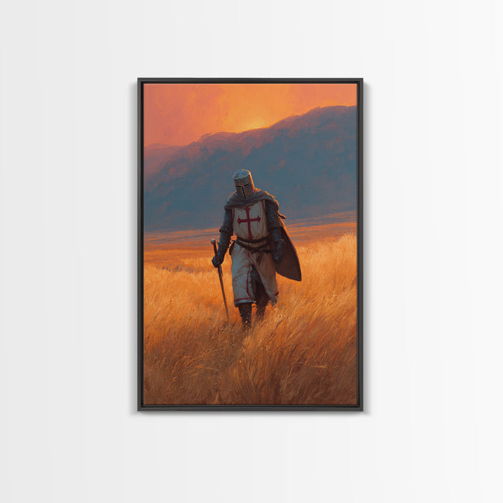 Medieval Knight In Armor With Sword Walking Through Golden Field At Sunset Wall Art Framed Canvas Print