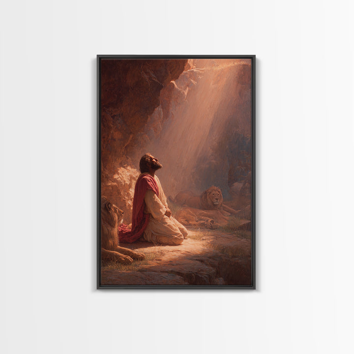 Praying Man With Lions In Dramatic Light Spiritual Christian Art Framed Canvas Print For Home Decor