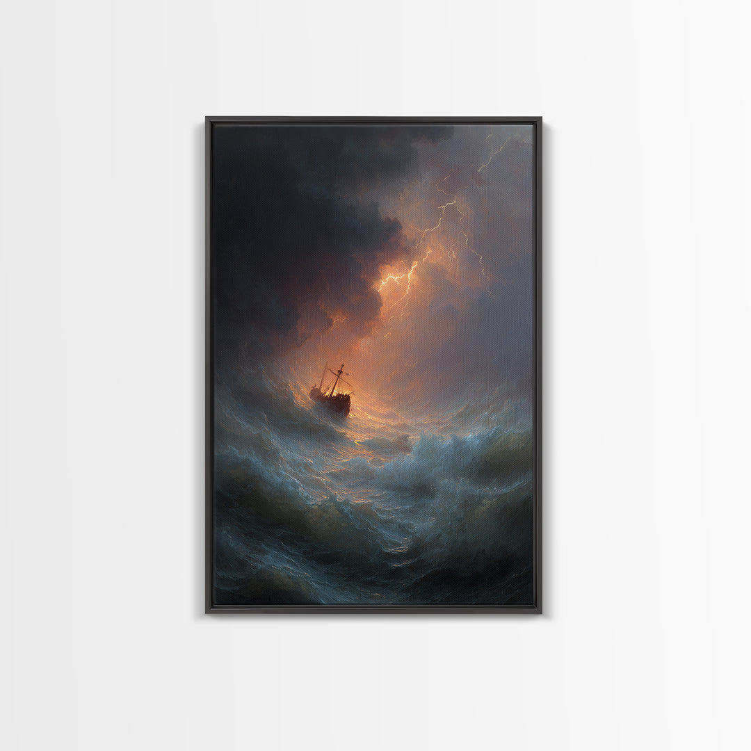 Ship In Stormy Sea With Lightning Strikes Dramatic Ocean Scene Oil Painting Wall Art Canvas Print