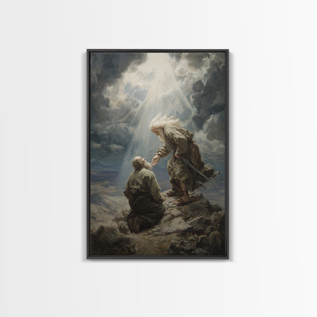 Biblical Scene Of Two Men On Rocky Landscape With Light Ray Spiritual Wall Art Framed Canvas Print For Christian Home Decor