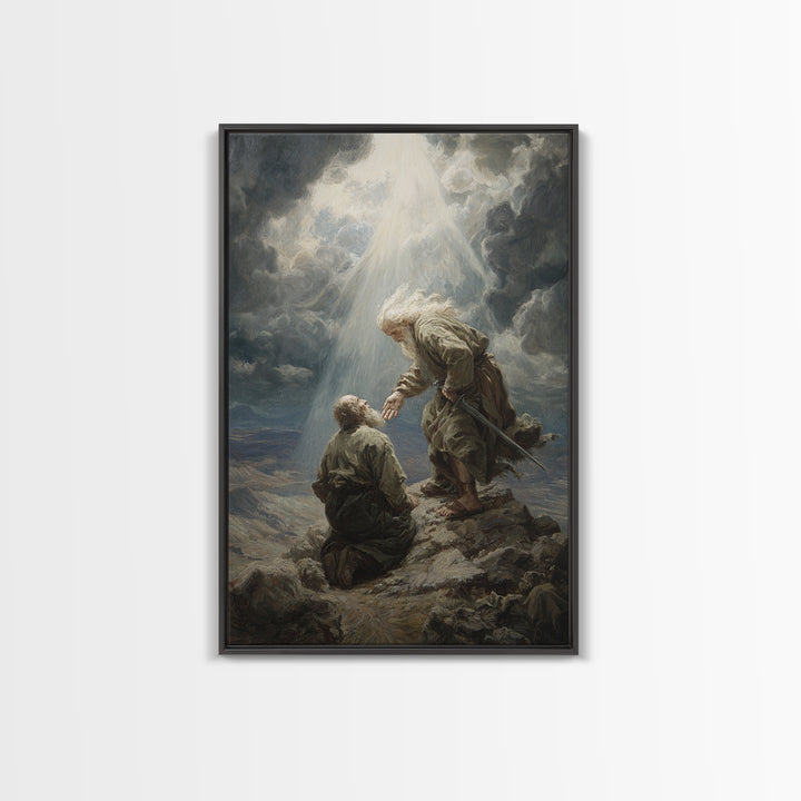 Biblical Scene Of Two Men On Rocky Landscape With Light Ray Spiritual Wall Art Framed Canvas Print For Christian Home Decor