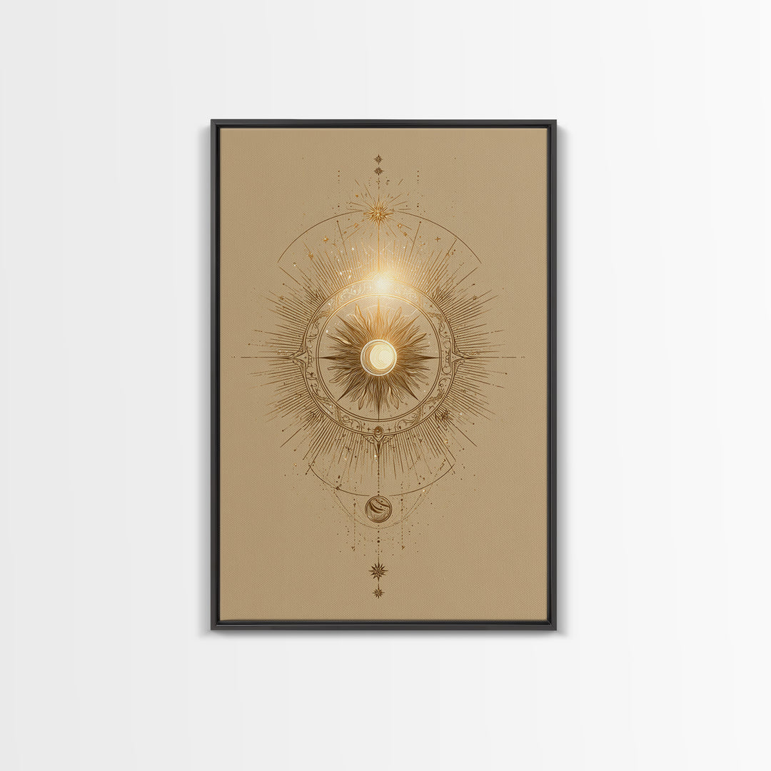 Golden Celestial Sun Mandala Wall Art, Mystical Moon Phase Art Print, Spiritual Home Decor, Boho Meditation Room Decor, Gift For Her