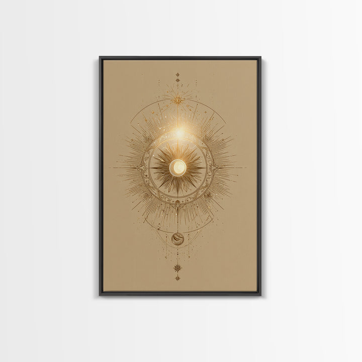 Golden Celestial Sun Mandala Wall Art, Mystical Moon Phase Art Print, Spiritual Home Decor, Boho Meditation Room Decor, Gift For Her