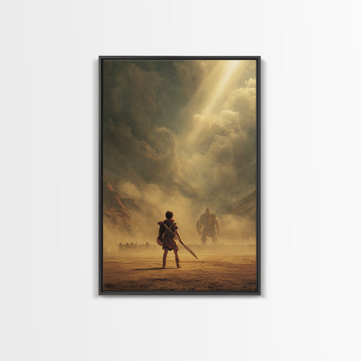 Epic Ancient Warrior Facing Giant In Dramatic Dusty Battlefield Sunlight Wall Art Framed Canvas Print For Living Room Decor