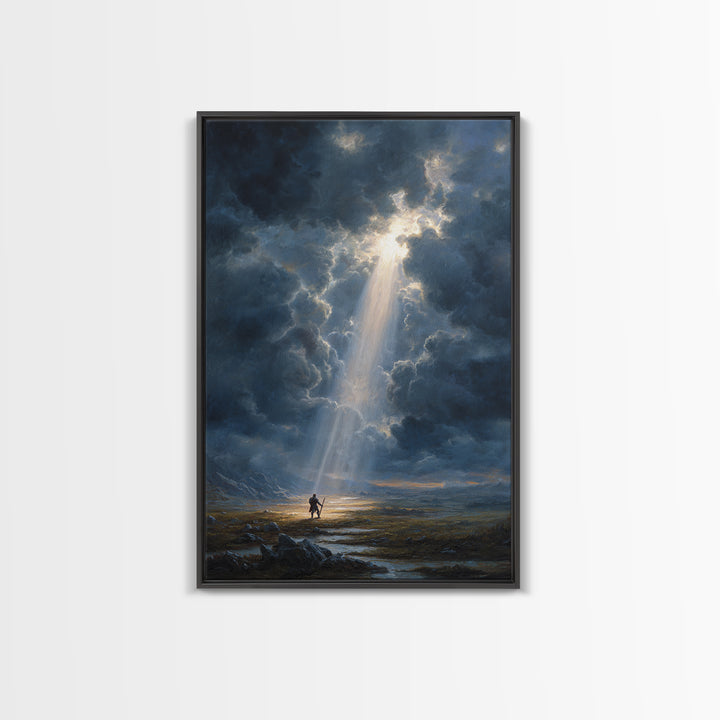 Heroic Fantasy Painting Knight Standing In Beam Of Light Under Dramatic Sky - Canvas Print For Epic Wall Art And Mythical Home Decor